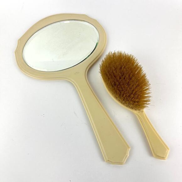 Art Deco Vanity Beveled Mirror and Brush Set Pyralin Bakelite - Picture 2 of 8